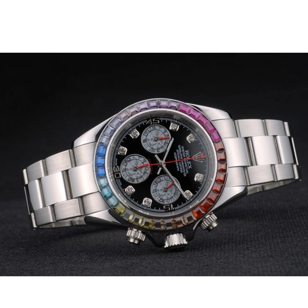 Aaa replica watch Steep Daytona Rainbow Dial 80250 Strap Bezel Stainless Cosmograph Black Crystals Rolex 1013